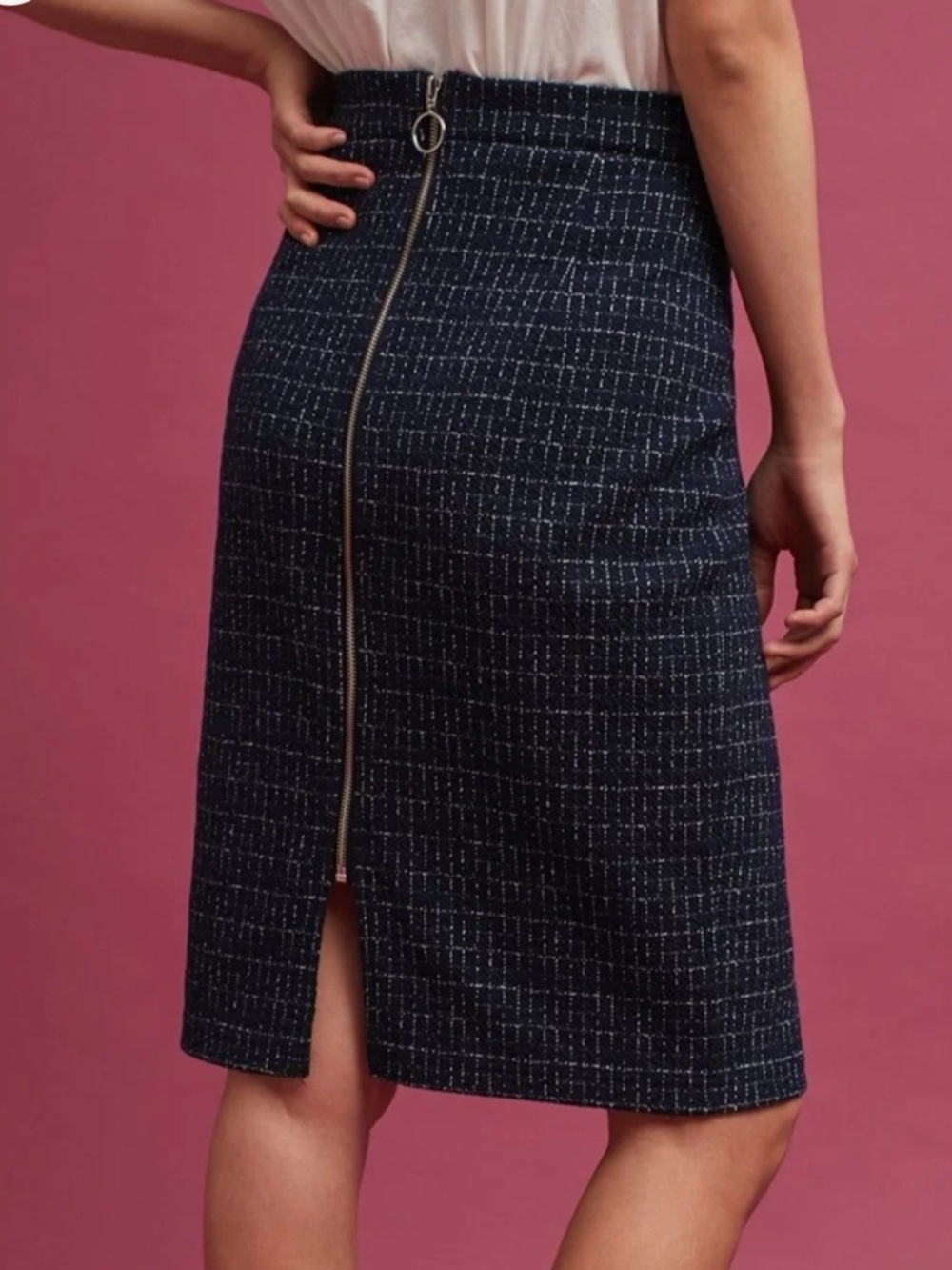 Anthro Maeve Stretch Knit Pencil Skirt Sz medium blue hatch textured back zip
